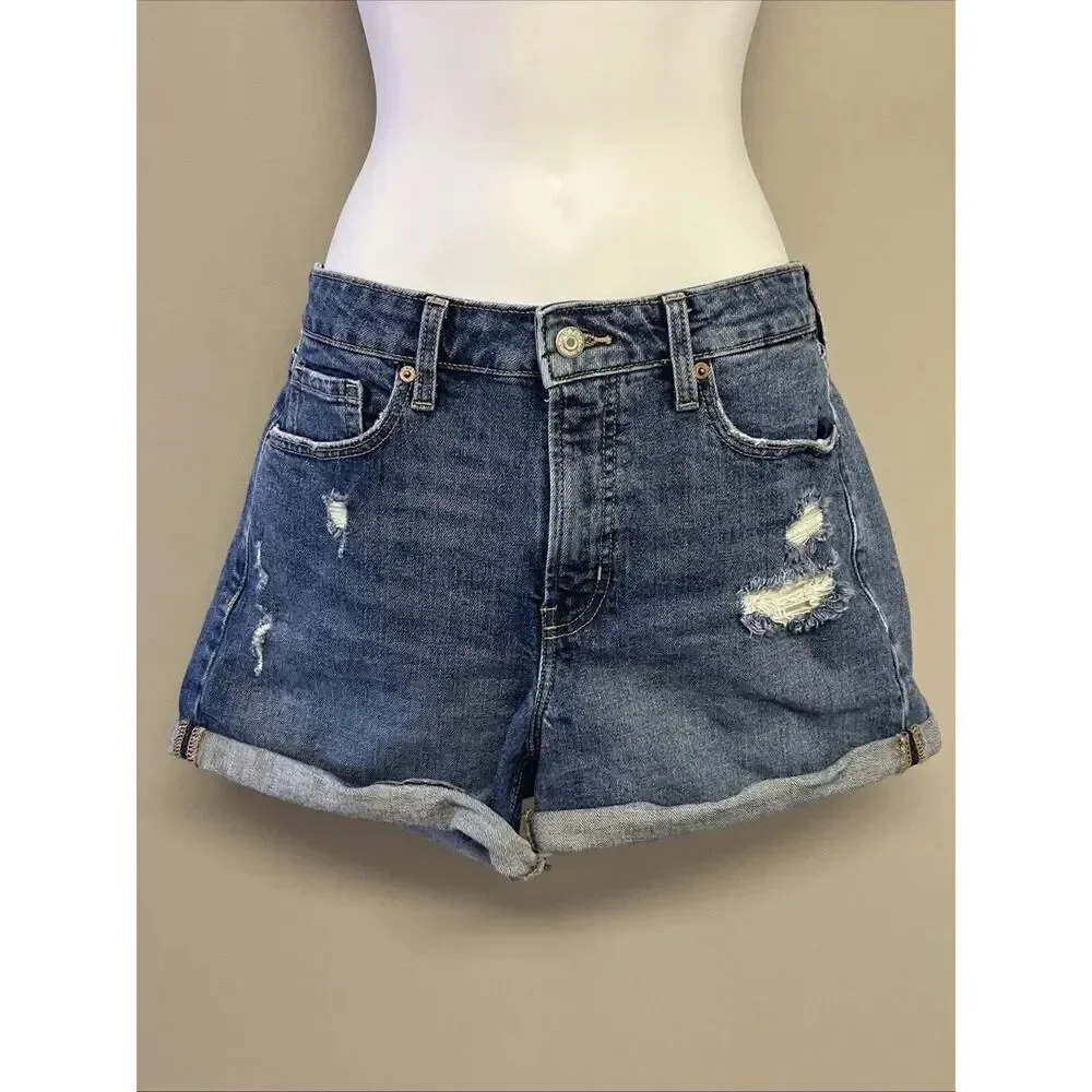 Old Navy Blue Denim Cuffed OG High Rise Shorts Women’s Size 10 Dark Wash